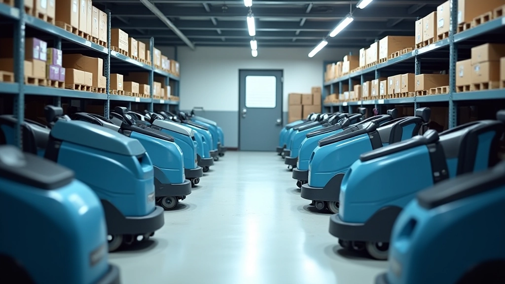 Modern janitorial equipment storage room with organized cleaning machines, supplies, and maintenance tools