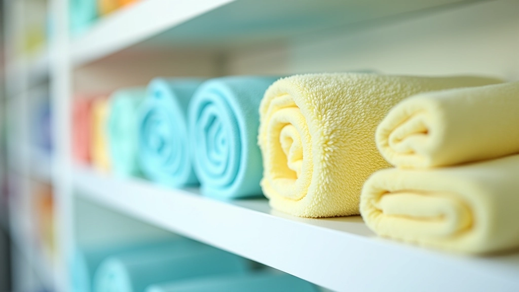 Eco-friendly microfiber mop heads displayed on white shelf with cleaning supplies organized neatly