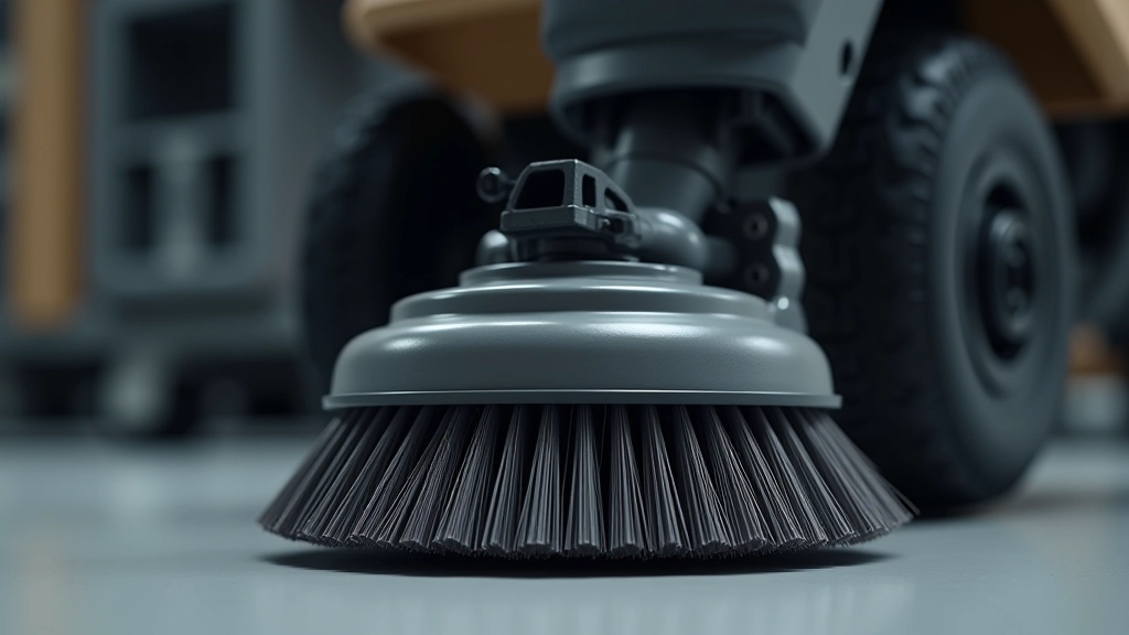 Close-up of brush attachment on floor scrubber showing different bristle configurations and pad mounting systems