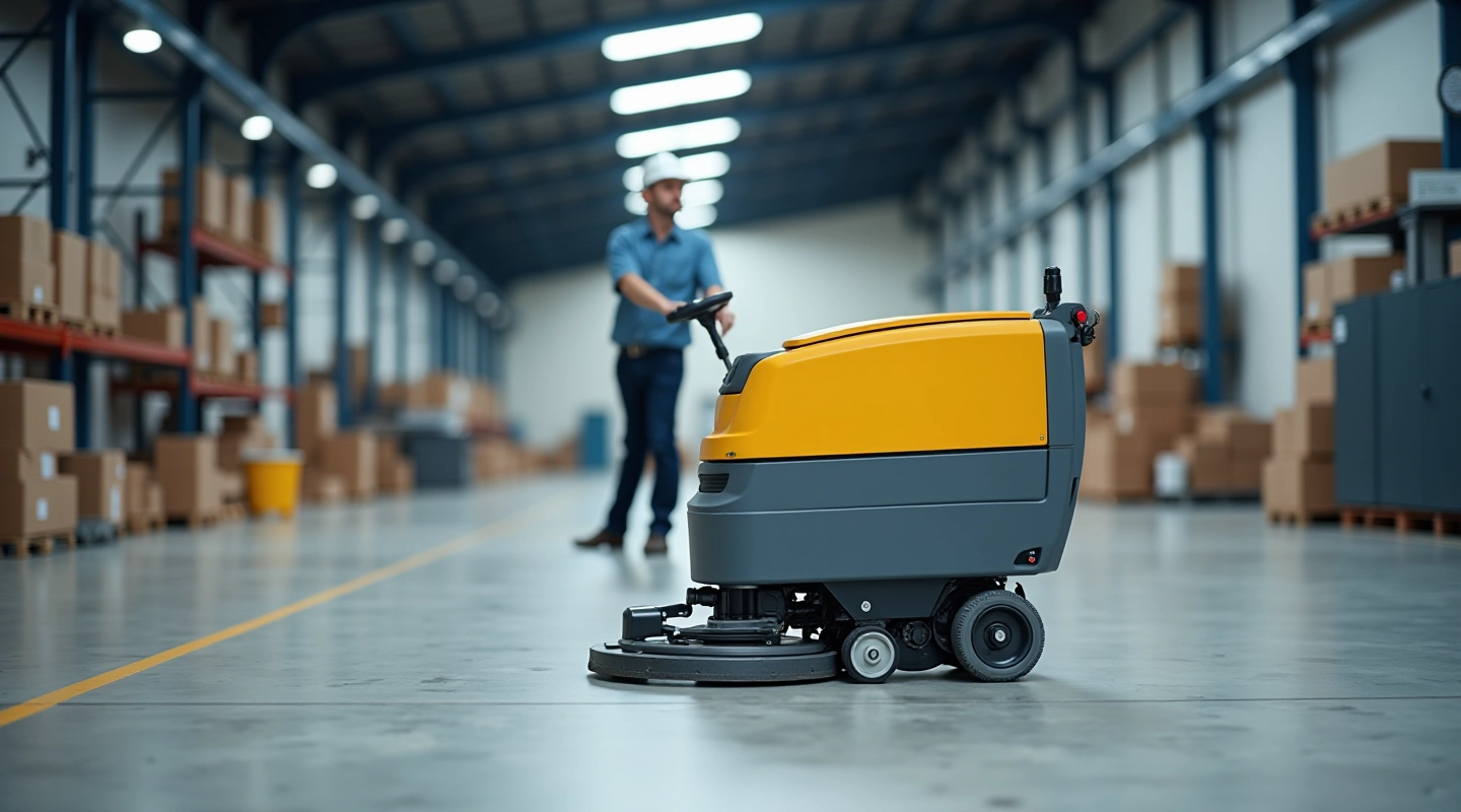 Industrial floor scrubber machine in large warehouse facility with polished concrete floor