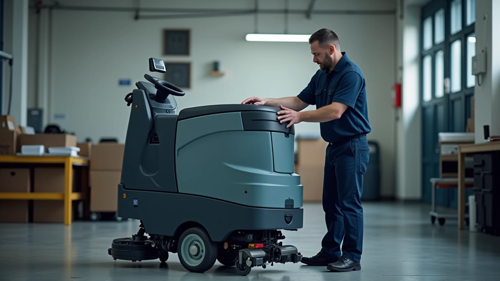 Technician performing maintenance on floor scrubber, checking brushes and filter systems