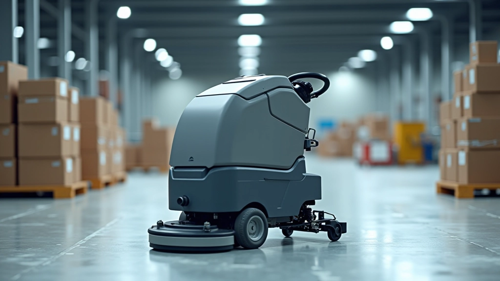 Automated floor scrubber cleaning large warehouse-style facility with polished concrete floors