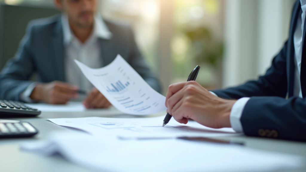 Facility manager reviewing equipment specifications and cost analysis spreadsheet at office desk