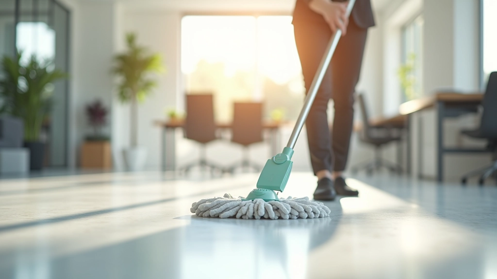 Cleaning team member using microfiber mop system on polished office floor with natural light